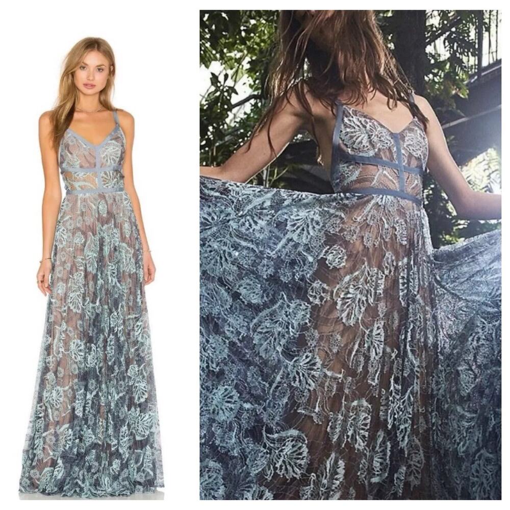 ALEXIS Isabella Blue Floral Lace Maxi Gown V Neck Spaghetti Straps Ribbon Small